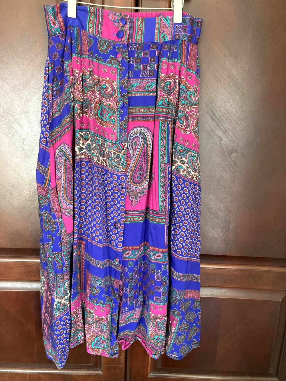 Claire McCardell- Vintage Dopamine Dressing Boho Patchwork Button Midi Skirt-S
